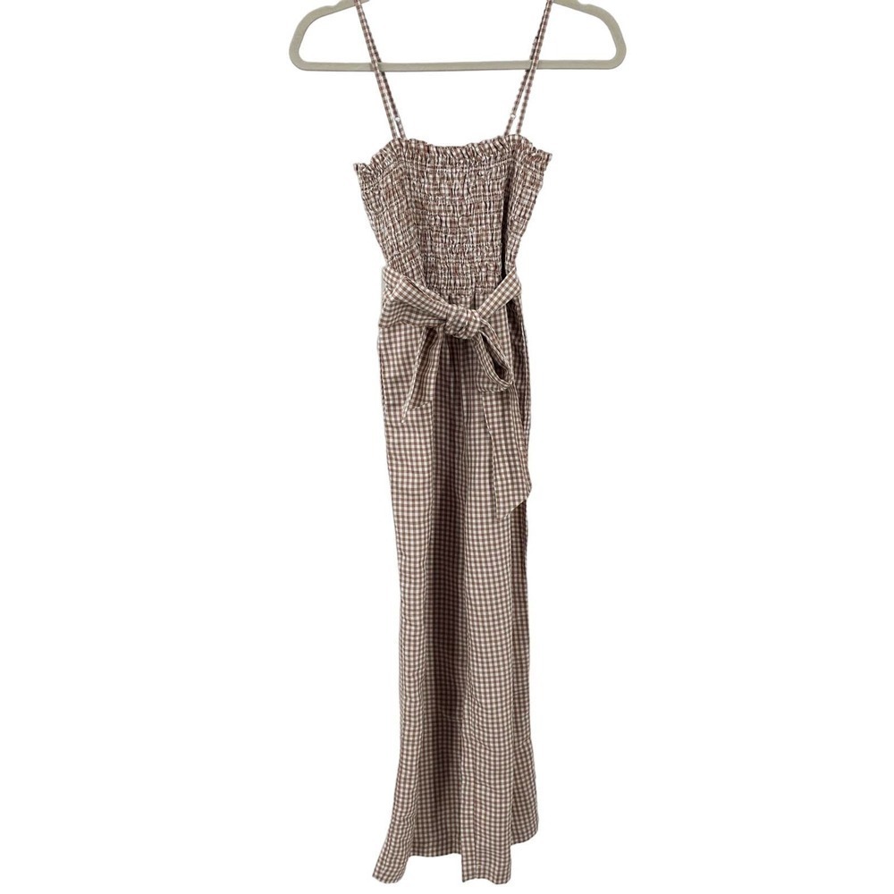 NWT House of Harlow 1960 XS Gingham Smocked Jumpsuit Linen Blend